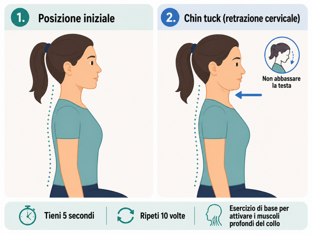 infografica su esercizio di Chin tuck (retrazione cervicale) per dolore alla cervicale