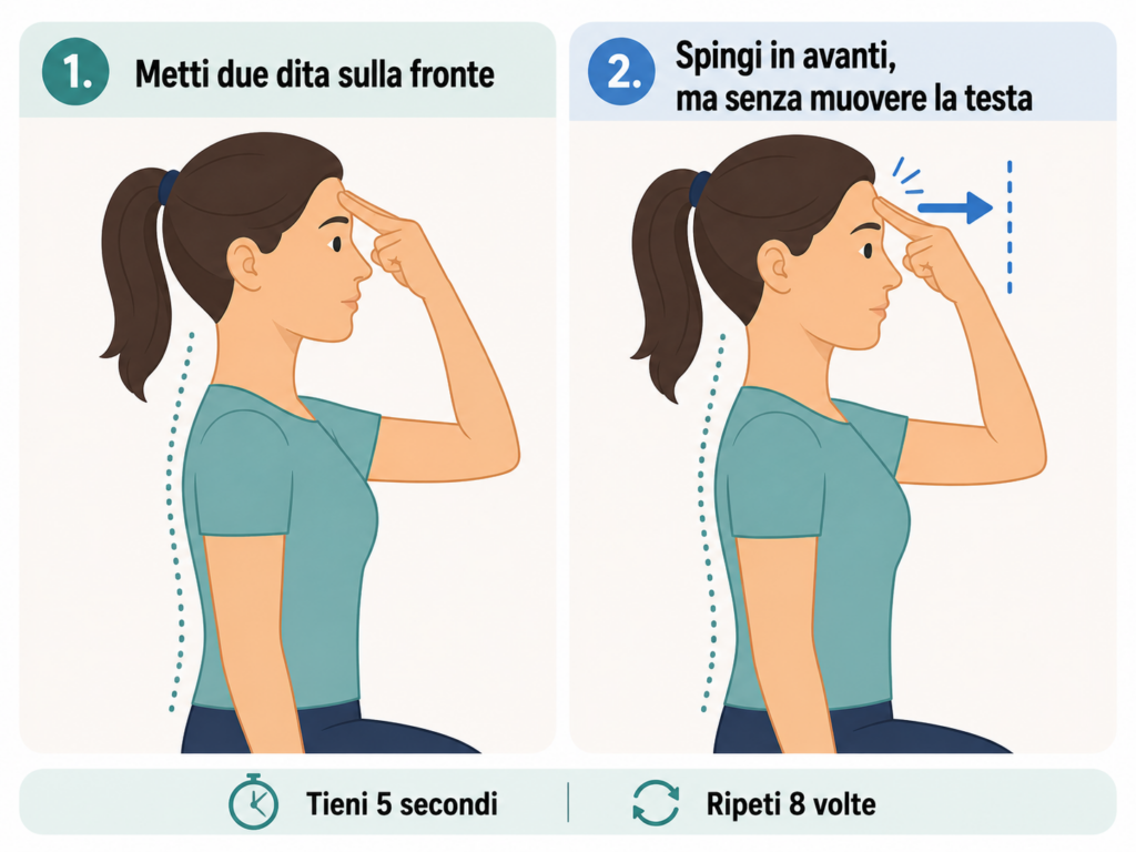 infografica su come eseguire l'esercizio su Flessione cervicale con resistenza isometrica per dolore alla cervicale