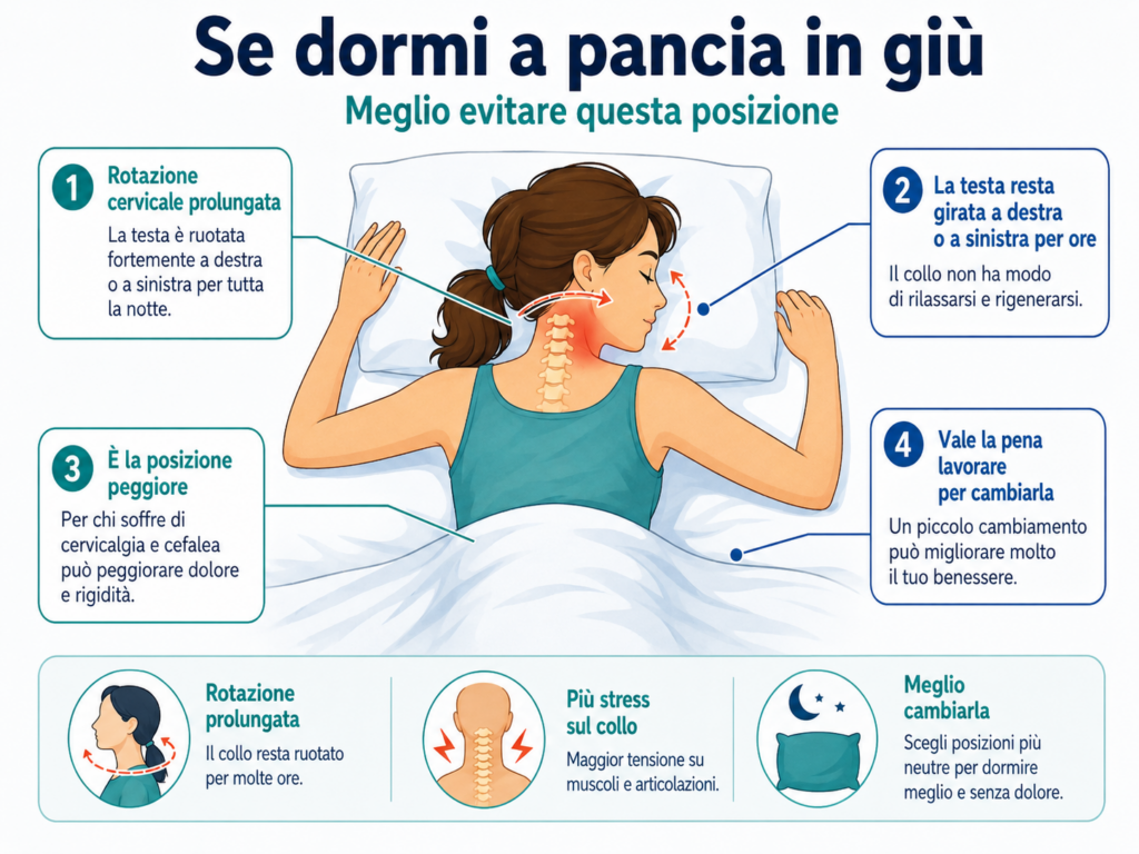infografica sul non dormire a pancia in giù se vuoi evitare il mal di testa da cervicale