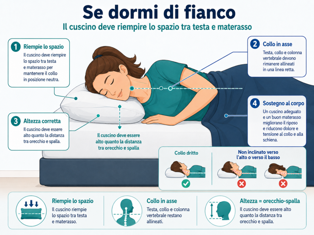 infografica su come dormire di fianco per evitare mal di testa da cervicale
