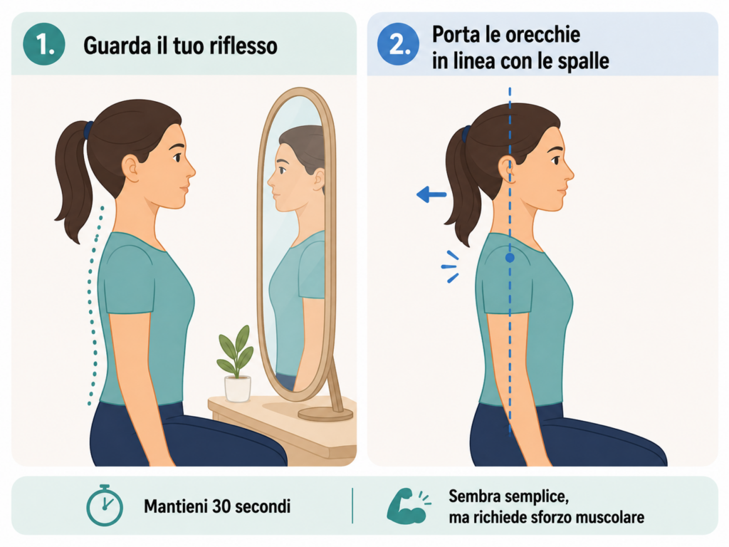 infografica esercizio cervicale su Sguardo diretto con collo neutro