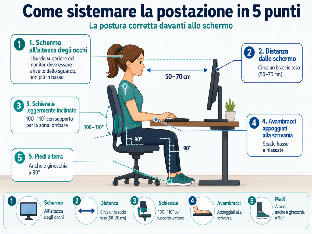 infografica su come sistemare la postazione del computer per evitare dolore cervicale e mal di testa da cervicale