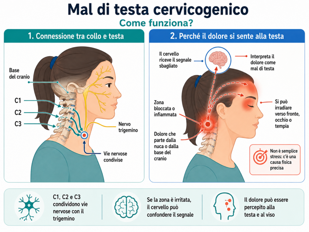 infografica cefalea cervicogenica convergenza trigemino-cervicale C1 C2 C3