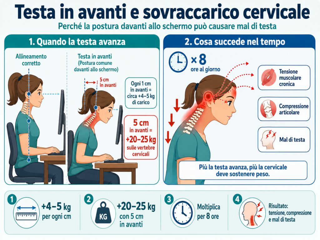 infografica su testa in avanti e sovraccarico cervicale che causa mal di testa