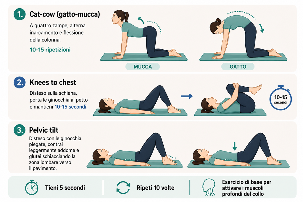 illustrazione degli esercizi per il mal di schiena: cat cow, knees to chest e pelvic tilt